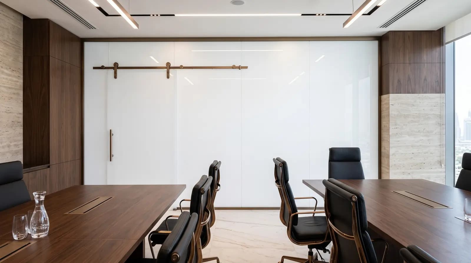 Boardroom enclosed by a full-height switchable partition in its private state, with a sliding door