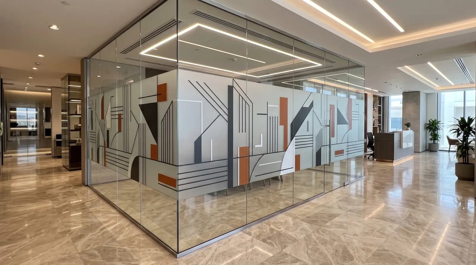 Glazed office enclosure with a geometric frosted graphic applied across the partition