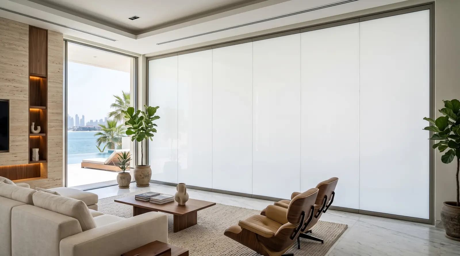 Living room glazing switched to the private state beside an open sea-facing terrace